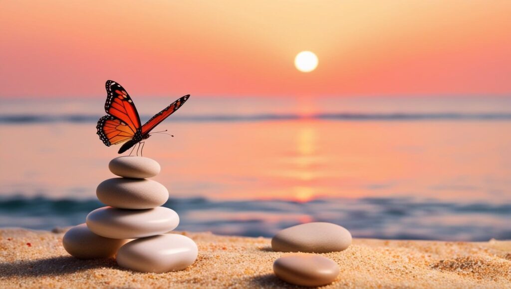Un atardecer relajante, en una playa, con una pila de piedras blancas estilo zen y una mariposa sobrevolando la pila